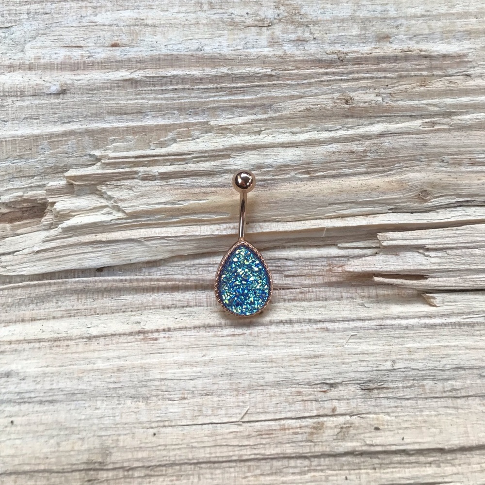 Rose Gold Blue Druzy Teardrop Belly Button Ring